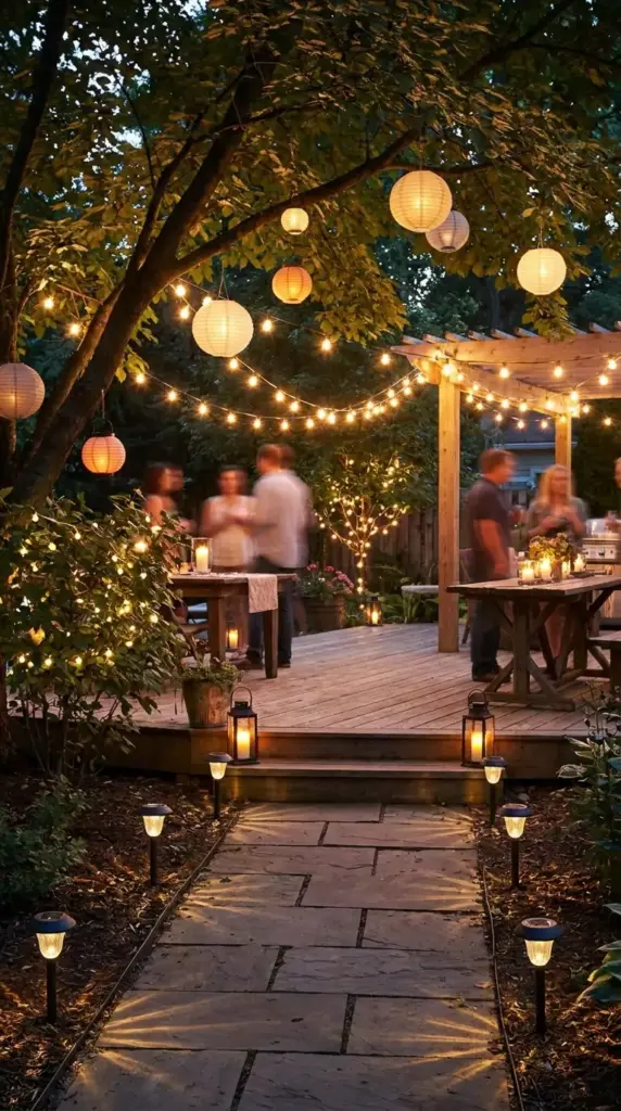 Warm white outdoor lighting and bug light ideas for a less buggy backyard evening party