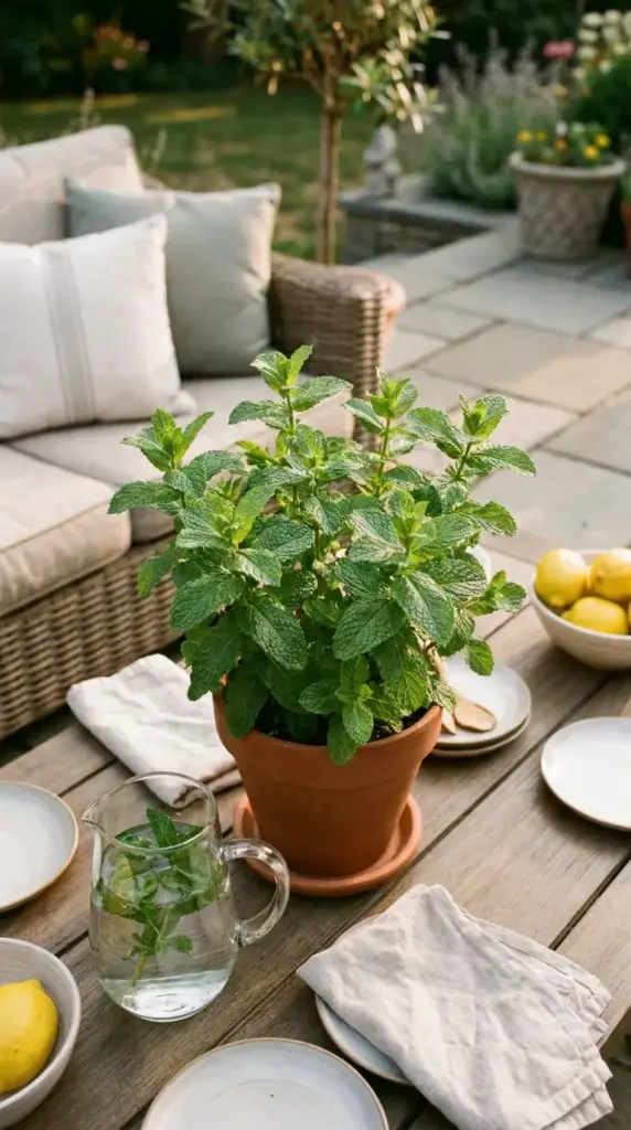 Mint mosquito repellent herb growing in a patio container for outdoor spaces