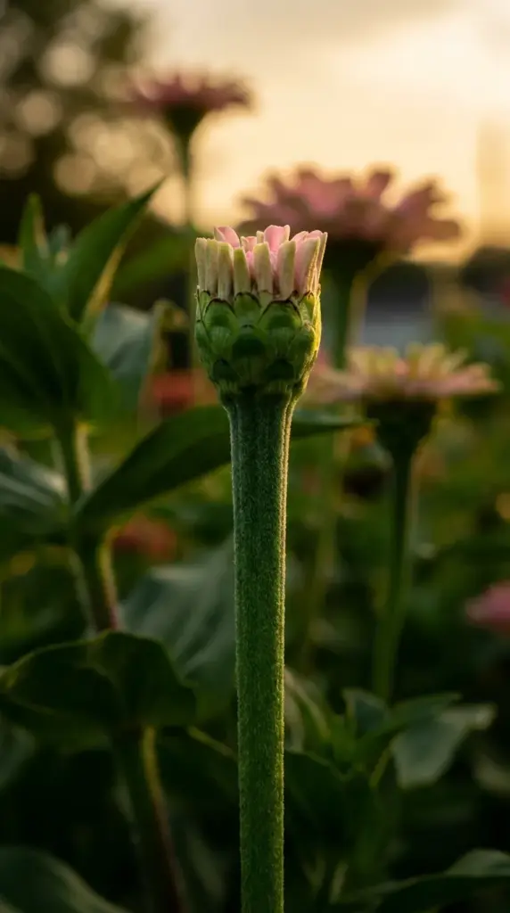 Close up of a thick sturdy zinnia stem with a fresh bud developing after applying FoxFarm Tiger Bloom fertilizer.