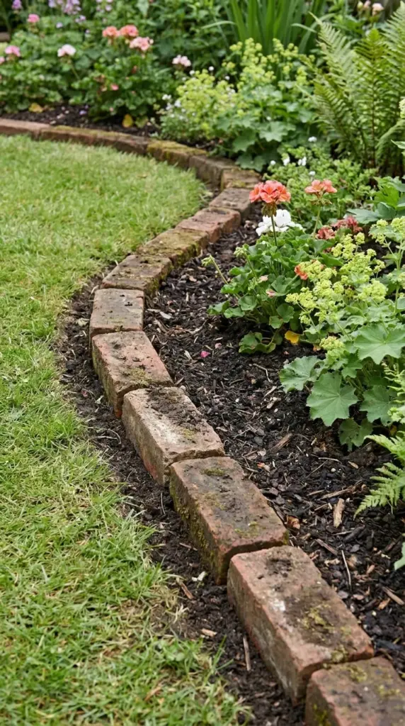 Sunken trench-set brick edging in an informal English-style planting bed