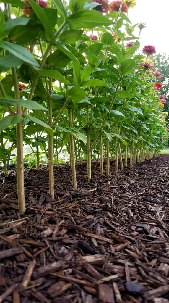 Bottom leaf stripping showing the lower six inches of bare stems on zinnia plants above mulch.