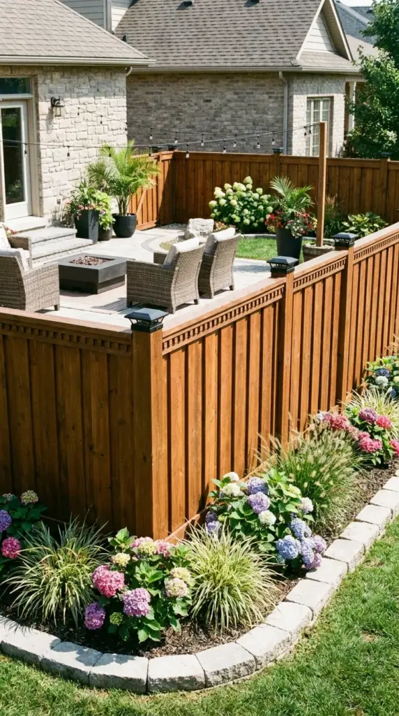 Stained shadowbox fence with trim, post caps, and modern backyard design details