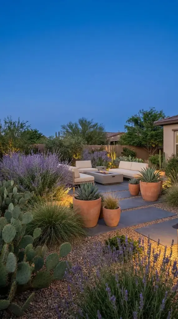 Beautifully styled desert chic backyard patio featuring prickly pear cacti mixed with ornamental grasses and modern outdoor furniture.