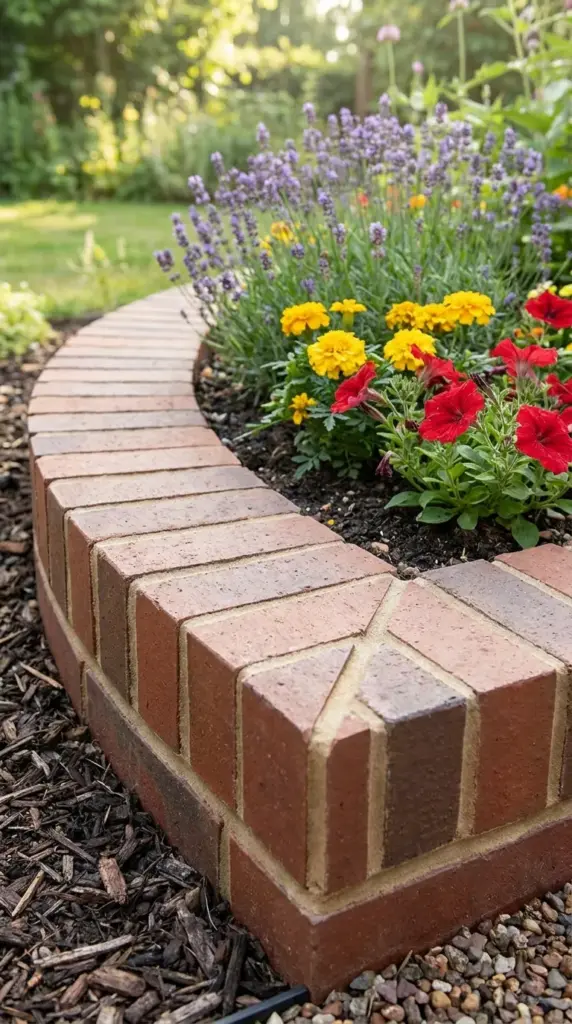 Curved brick edging with clean corners and tight cuts for a polished garden border