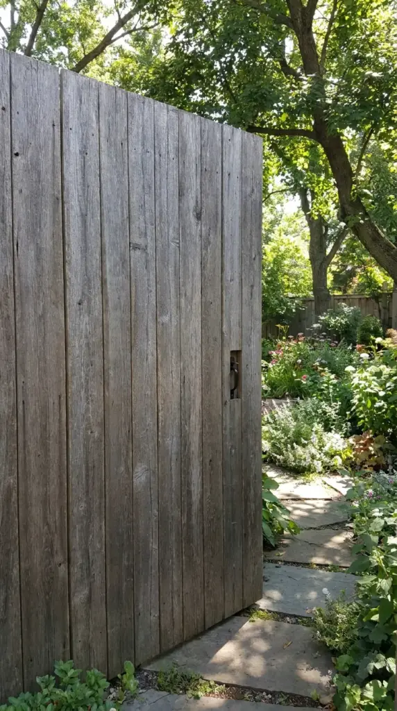 Hidden reclaimed wood gate built into full-height pallet privacy fencing