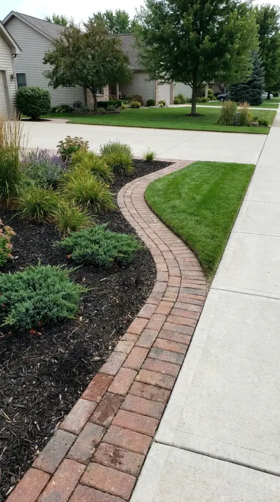 Driveway and sidewalk tie-in brick border for curb appeal and clean grass control along hardscape