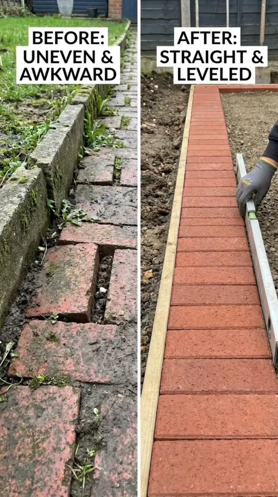 Common brick border mistakes like uneven edging, poor base prep, and improper flower bed border height