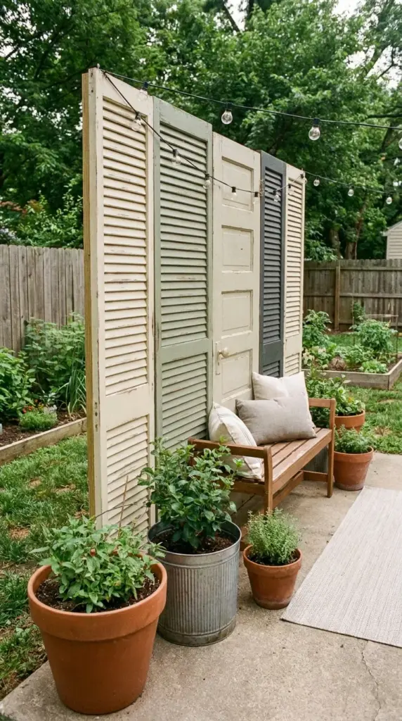 upcycled privacy panels made from pallets shutters and old doors for cheap backyard privacy