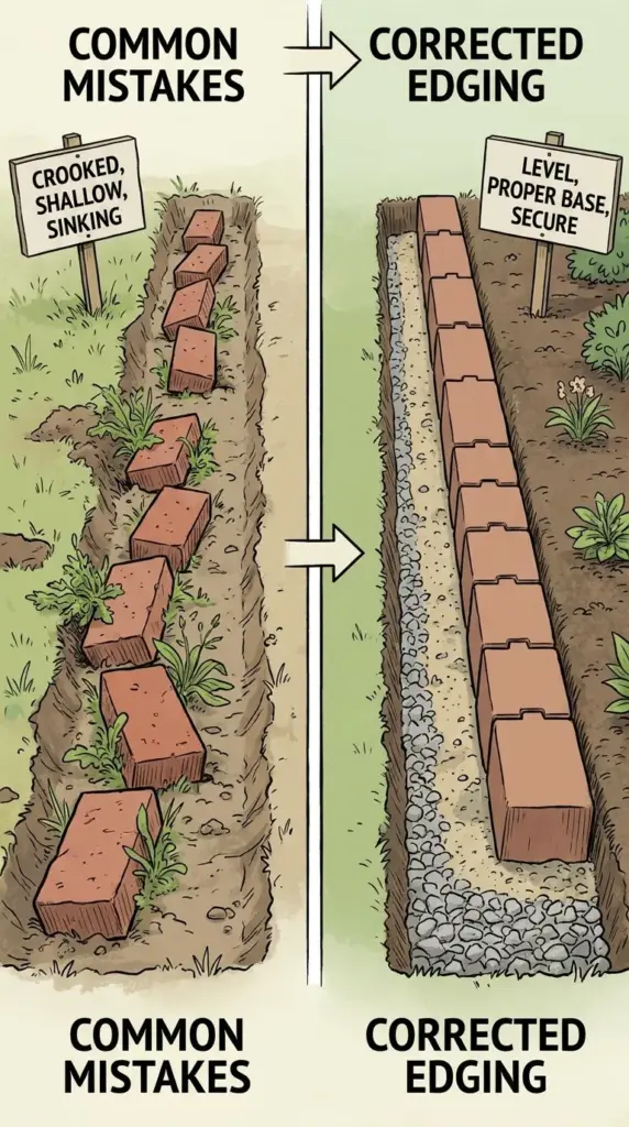 common DIY brick border mistakes like sinking bricks, weeds, and uneven garden edging