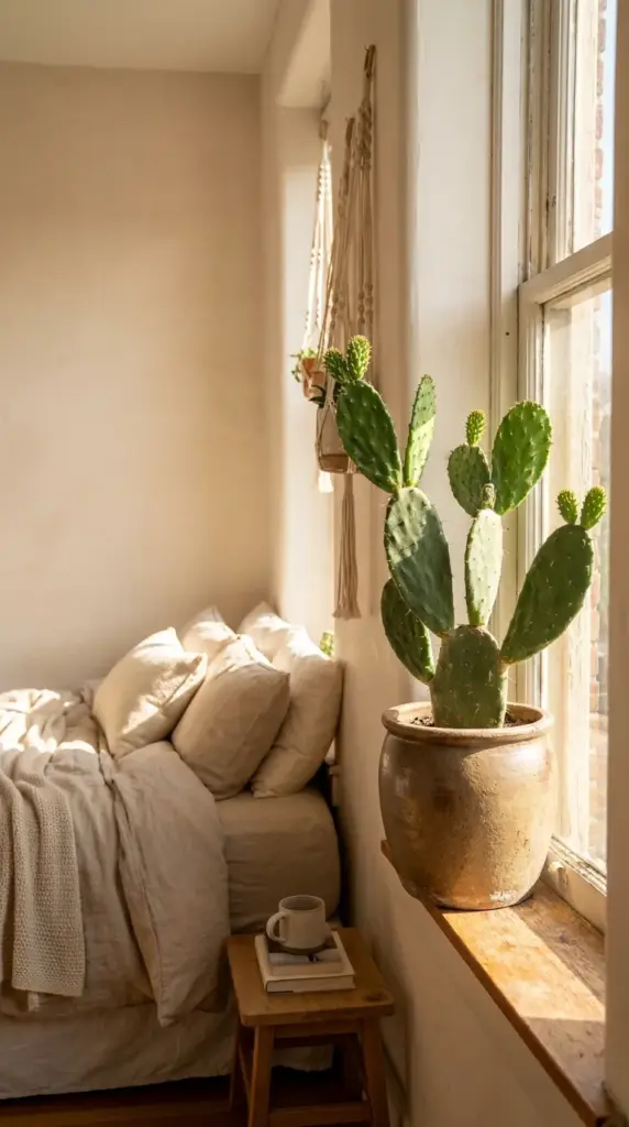 Prickly pear cactus styled in a sunny bedroom window corner nook.