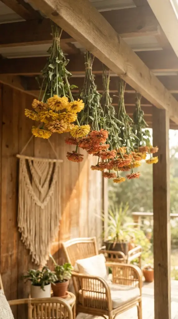 Earthy mustard and lime orange zinnias hanging to dry for year-round boho chic home decor.