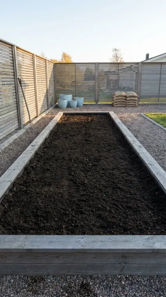 A clean and cleared garden bed prepared for seasonal flower crop rotation and disease prevention.