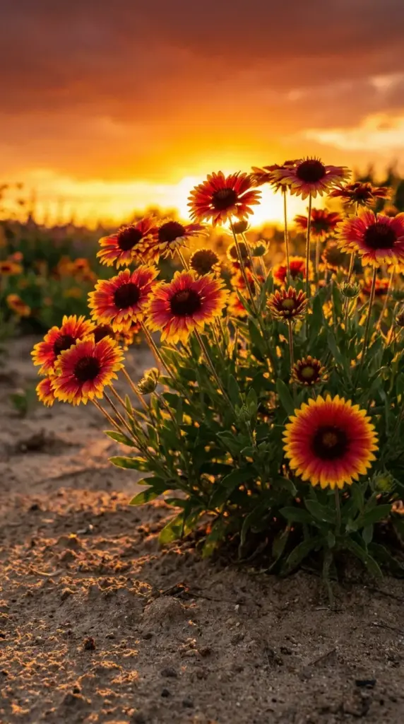 Sun-loving blanket flowers blooming in warm sunset tones at the front of a zinnia bed.