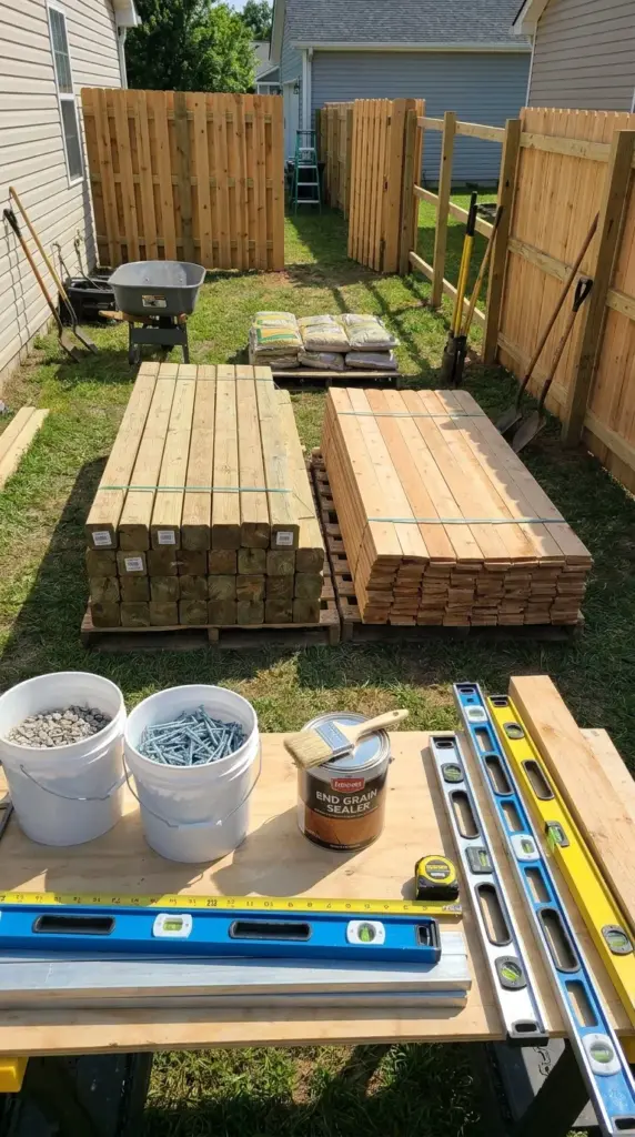 Materials for a long-lasting budget fence including treated posts, galvanized screws, gravel, and cedar pickets