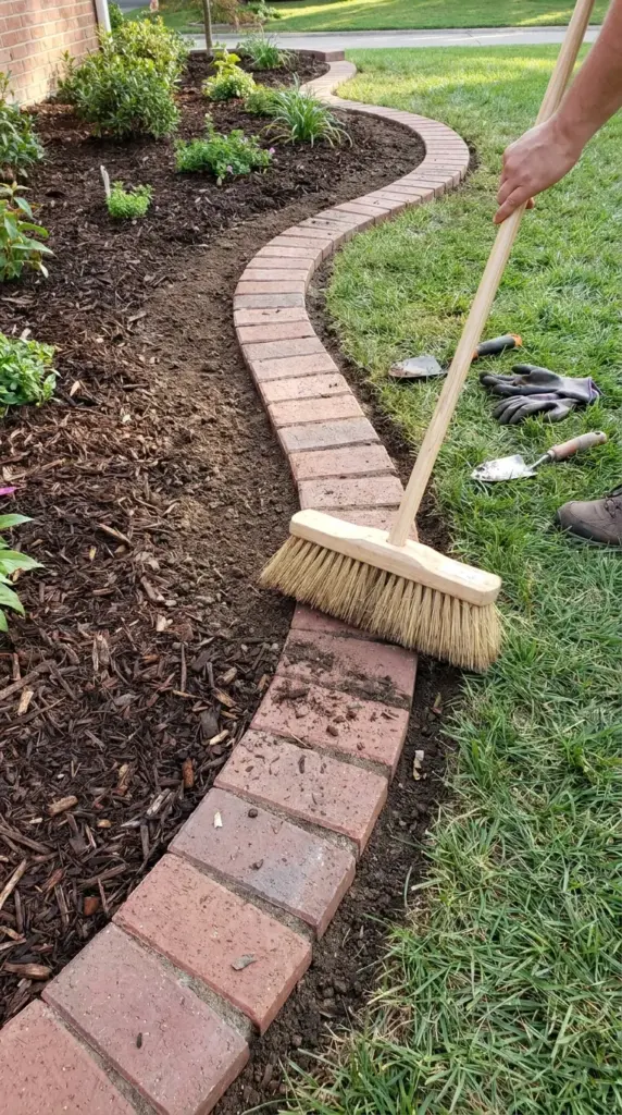 Finishing curved brick edging with backfill soil mulch and clean garden borders