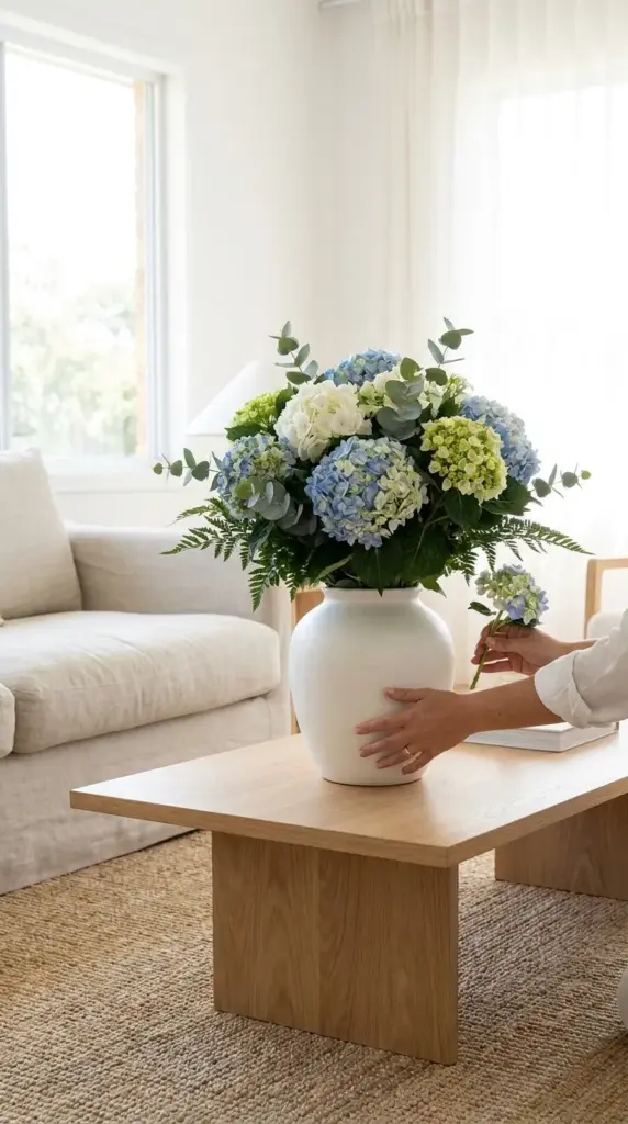 Final edited grocery store hydrangea bouquet styled on a table to look polished designer and photo ready