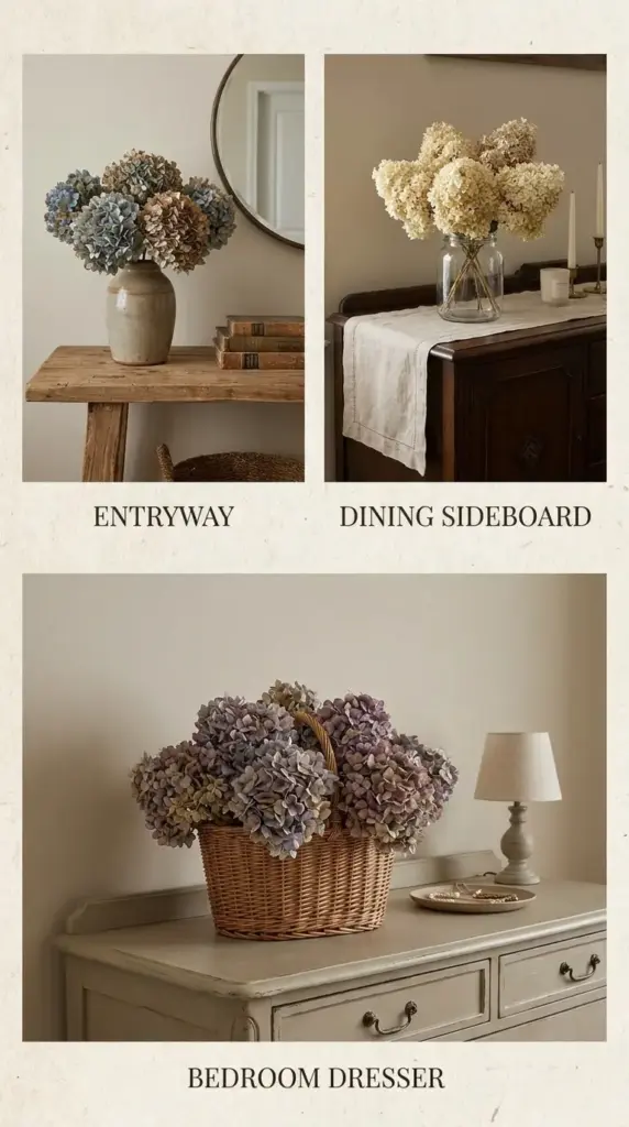 best places to display a dried hydrangea bouquet in entryway dining room and bedroom decor