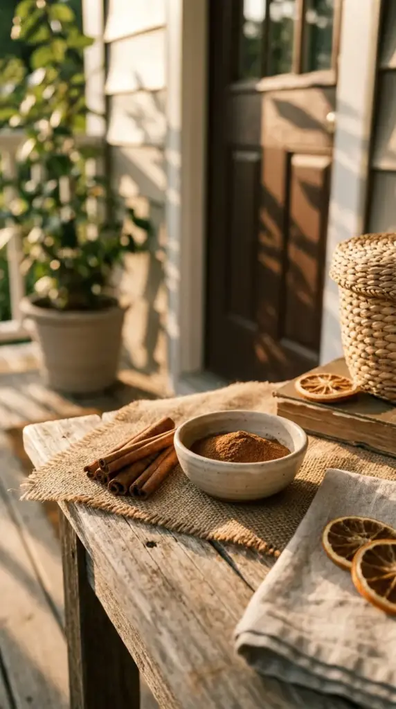 Cinnamon mosquito control using cinnamon sticks and ground cinnamon near patio and entryway