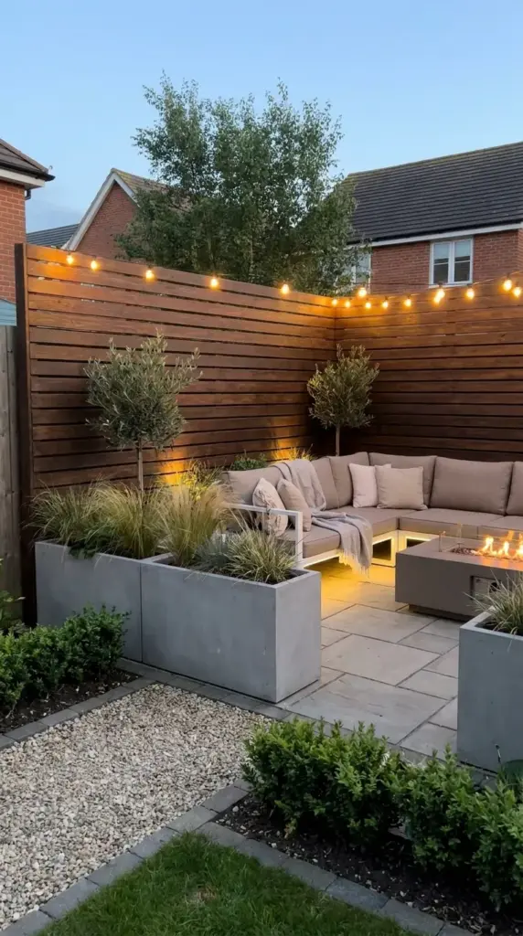 modern horizontal slat privacy screen for a small backyard or patio under $200