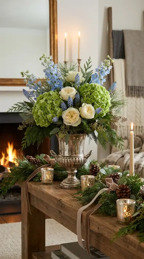 Green and cream hydrangea arrangement with icy blue accents and evergreens for winter mantel and holiday decor
