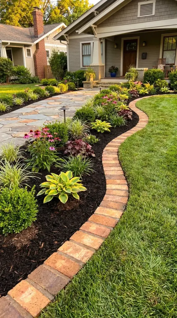 Finished brick garden edging with fresh mulch and a clean lawn edge for professional curb appeal