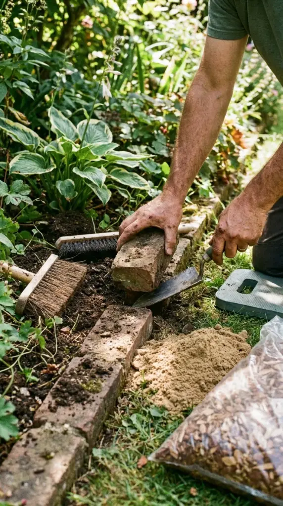 Brick border maintenance with resetting loose bricks, brushing debris, and keeping garden edging neat over time