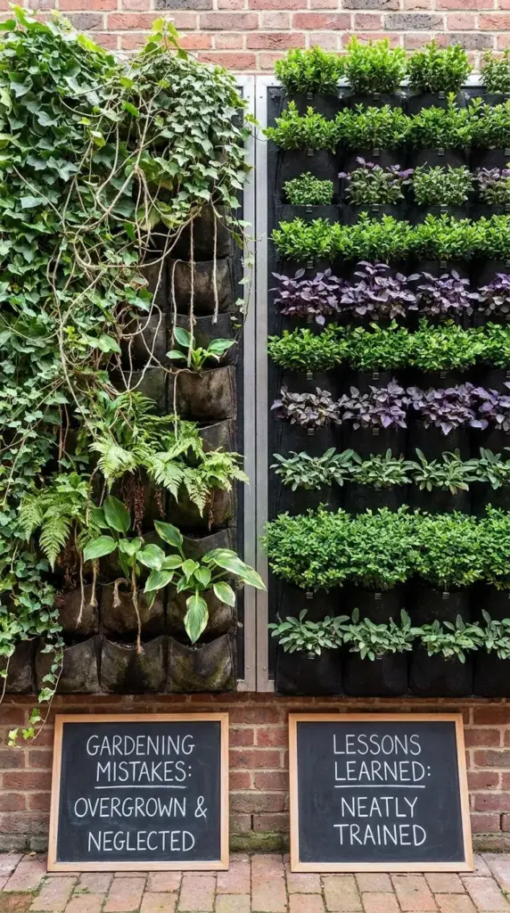 Common living wall fence mistakes including overgrown vines, poor spacing, and weak support
