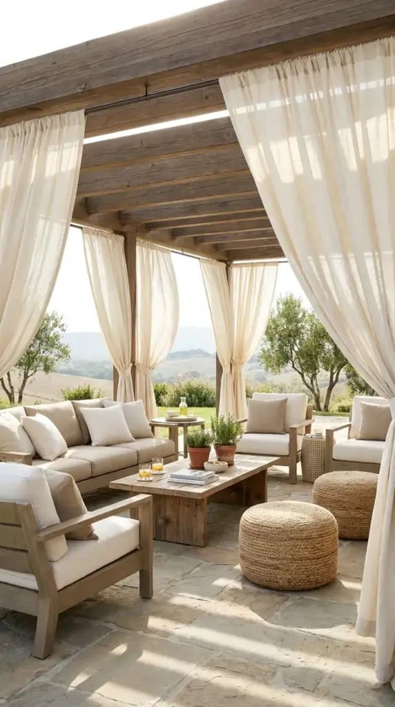 Breezy outdoor seating layout with pergola curtains and quick-dry fabrics to help reduce mosquitoes