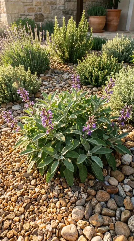 Sage mosquito repellent plant with gray-green foliage in a sunny garden bed