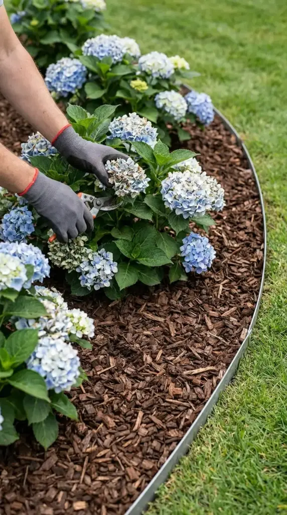Maintaining clustered hydrangeas with light pruning, clean mulch, and tidy edging for curb appeal