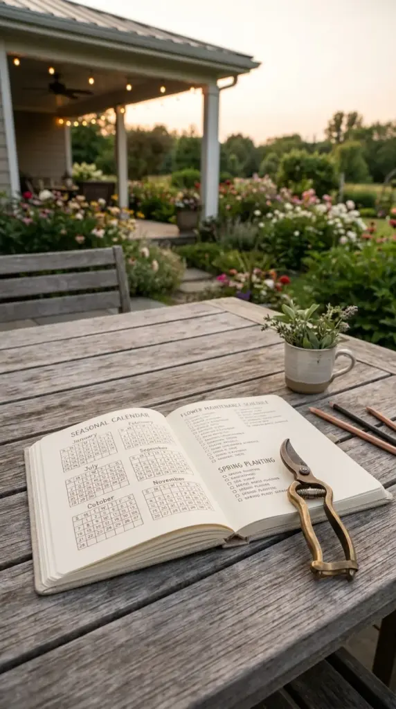 A garden planner notebook and pruning shears on a wooden table detailing a zinnia midsummer garden care schedule.