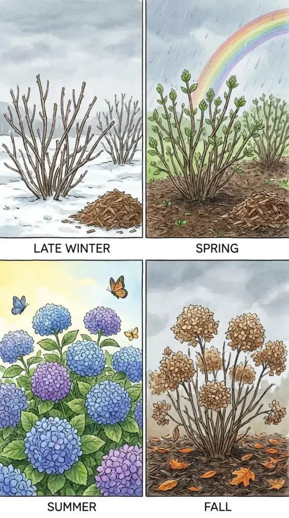 Seasonal hydrangea pruning calendar for 2026 with spring, summer, fall, and winter care