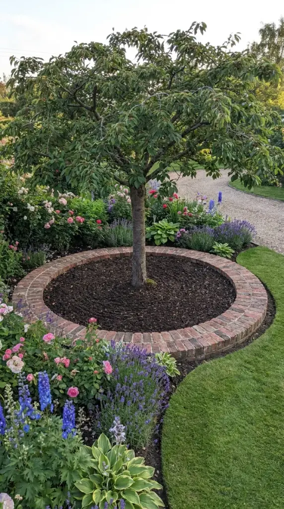 Circular brick tree ring border around a focal tree in a traditional English garden