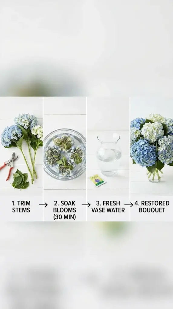 30-minute hydrangea rescue game plan showing stem trimming, bloom soaking, and fresh vase recovery steps