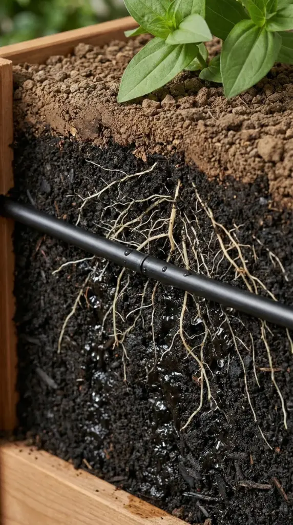 Sub surface drip irrigation lines buried underground delivering water directly to zinnia root systems.