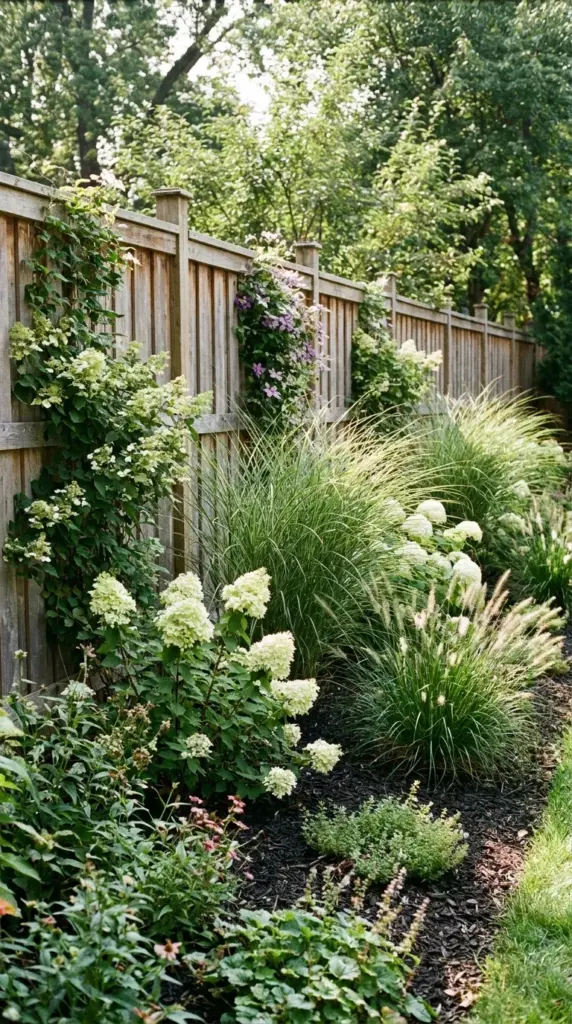 Privacy landscaping with grasses and shrubs along a shadowbox fence without blocking airflow