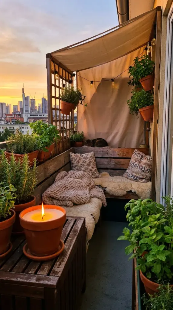 citronella candle used for ambiance on a small sheltered balcony with light mosquito control benefits
