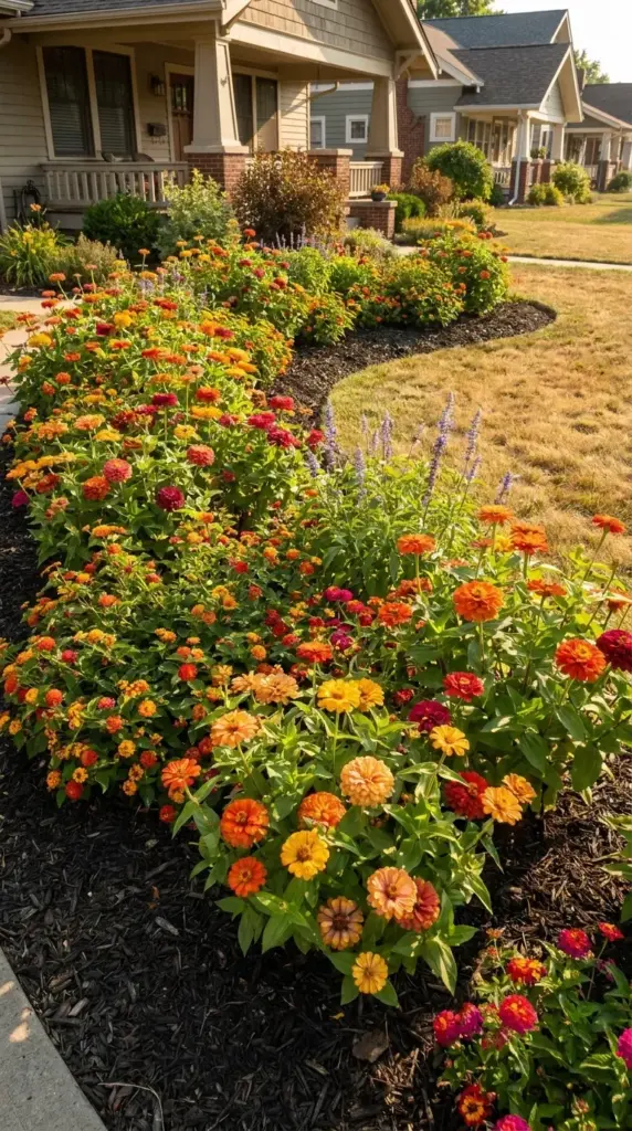 Sunset zinnia garden bed with warm heat-tolerant flowers for a sunny south-facing front yard