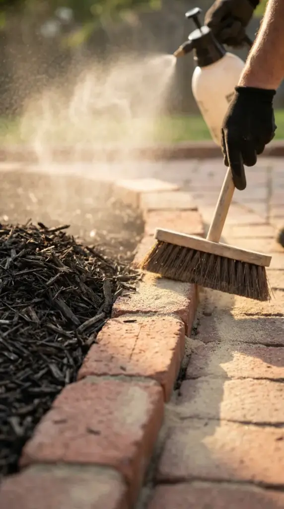 Finishing deep-set brick edging with polymeric sand and neat mulch backfill