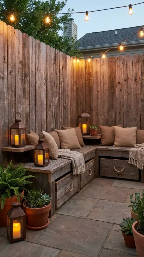Full-height reclaimed wood fence with built-in bench and storage for small backyard spaces