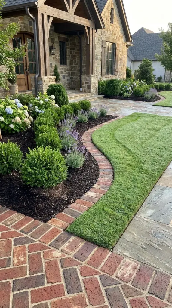 Decorative herringbone brick border for a custom low-maintenance garden edging design