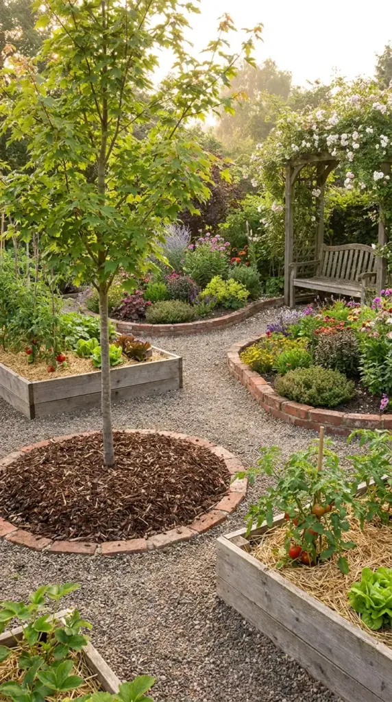 Selective mulch use around young trees and vegetable beds alongside permanent brick garden borders