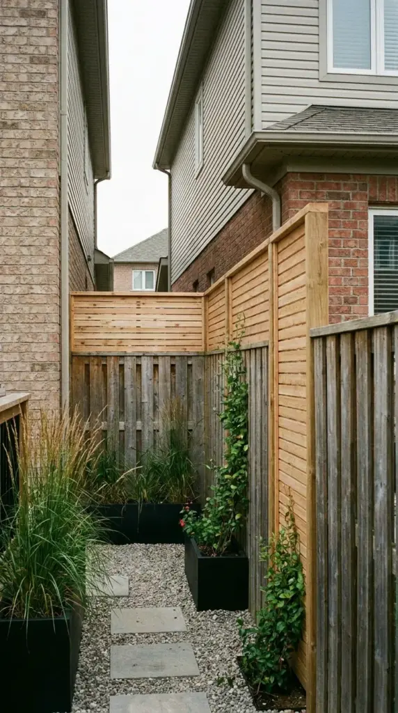 fence topper ideas and narrow privacy screens for awkward backyard gaps between houses