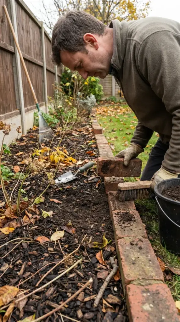 seasonal brick garden border maintenance including cleaning, resetting, and weed control