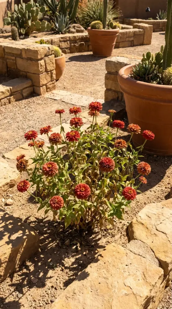 Heat loving Aztec Sunset zinnias planted in terracotta pots in a southwestern drought tolerant garden.