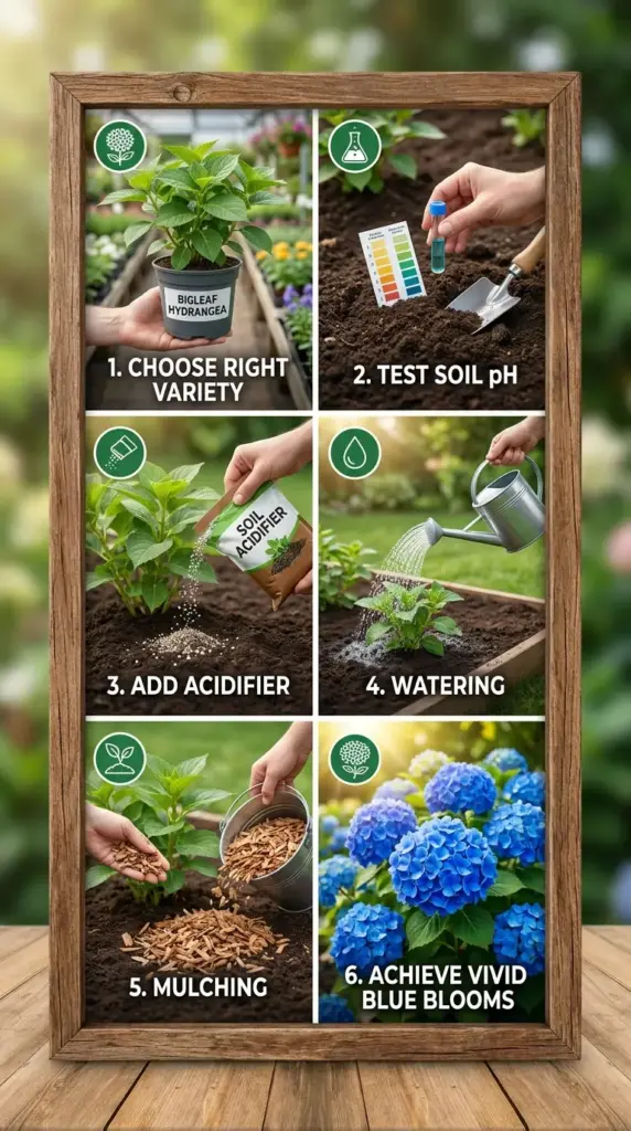 Step-by-step plan to grow electric blue hydrangeas using soil testing, acidifying, watering, and proper care