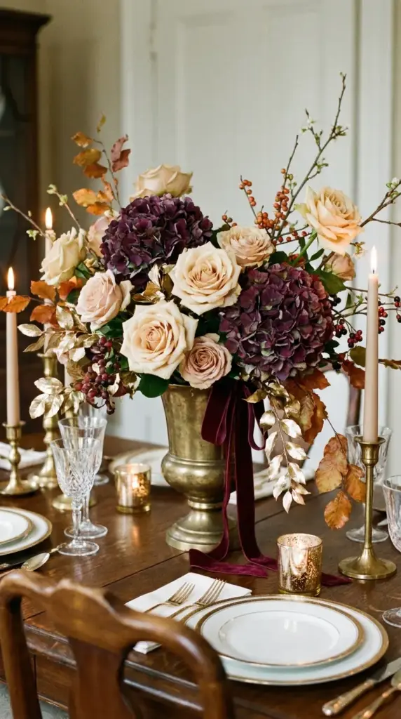 Plum and champagne hydrangea bouquet for year-round elegant centerpieces, weddings, and seasonal floral styling