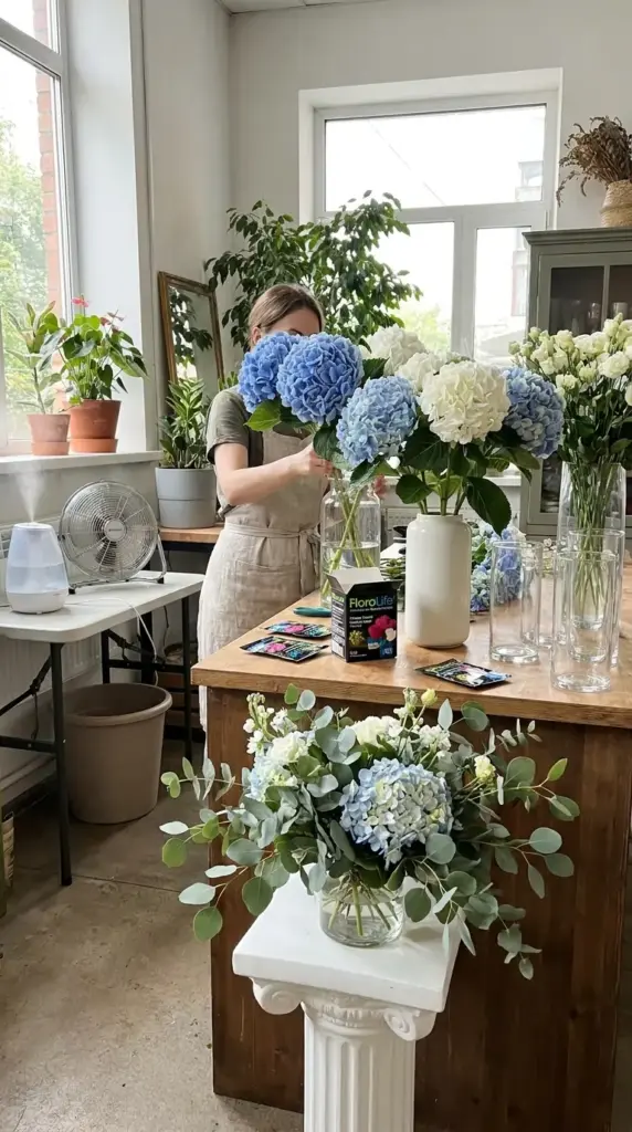Florist tricks for hydrangea bouquet freshness using alum powder and flower food