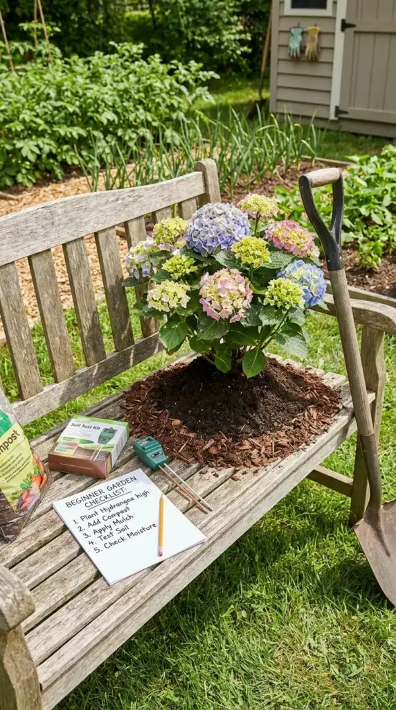 Beginner hydrangea drainage checklist with proper planting height, soil test kit, mulch, and watering tools
