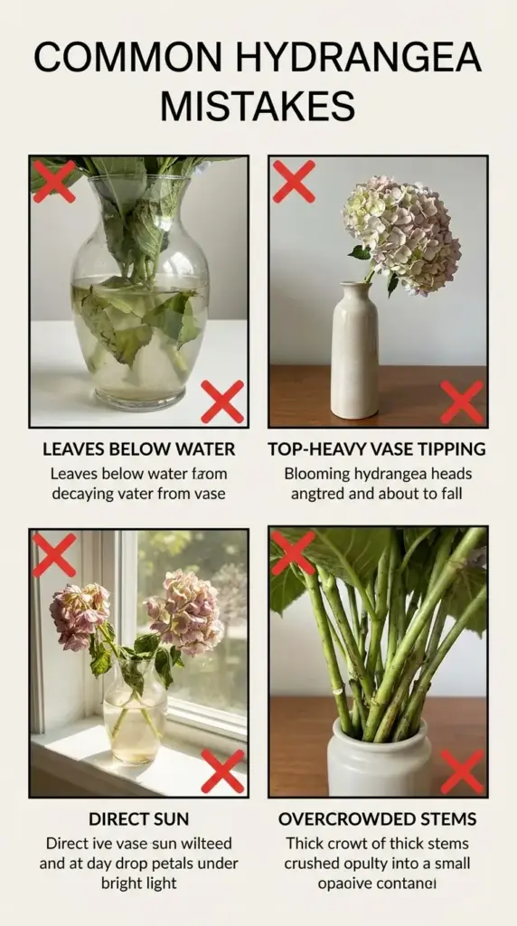 common hydrangea arrangement mistakes including wrong vase shape leaves in water and direct sun